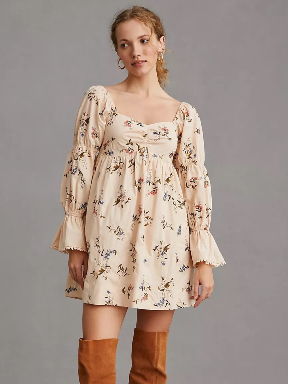 Anthropologie Long-Sleeve Embroidered Mini Dress in Cream Floral - XL